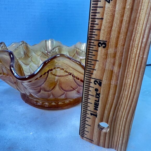 Vtg Dugan Amber Carnival Glass Bowl Ruffled Edge Peacock Tail Design Iridescent - Picture 8 of 8